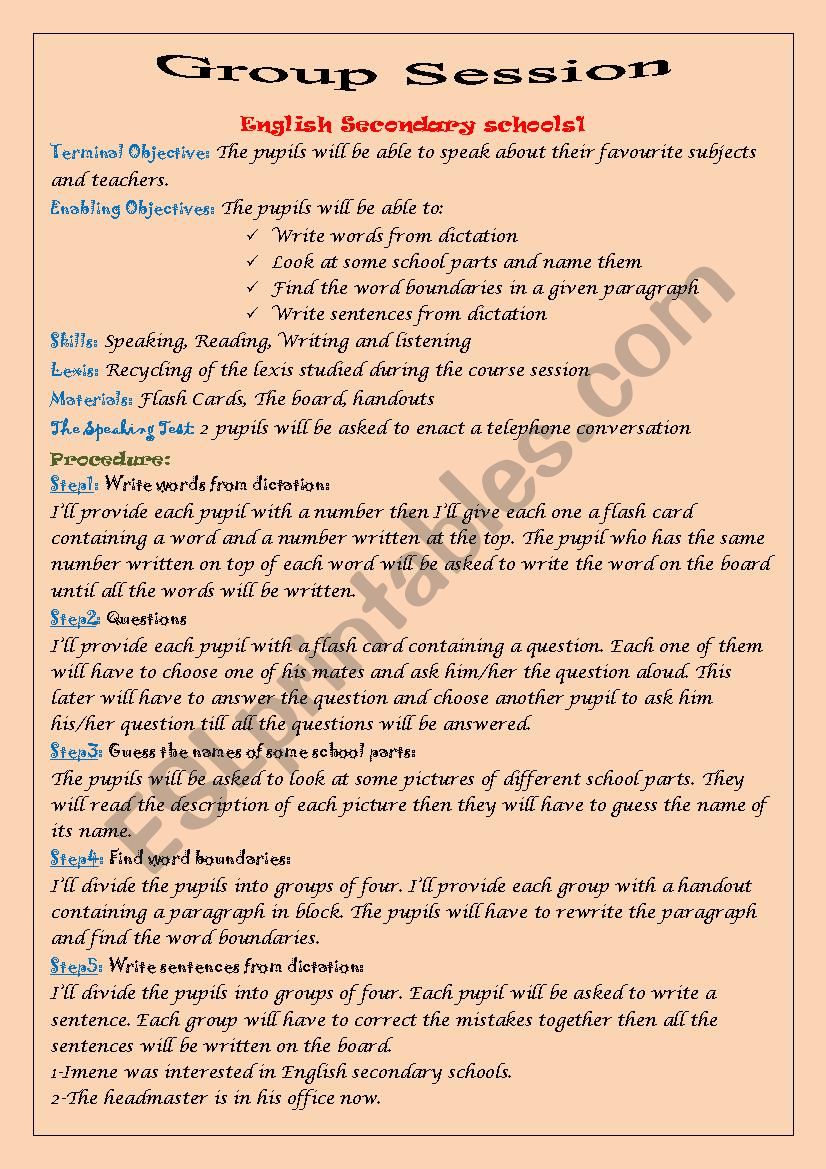 english secondary school  worksheet
