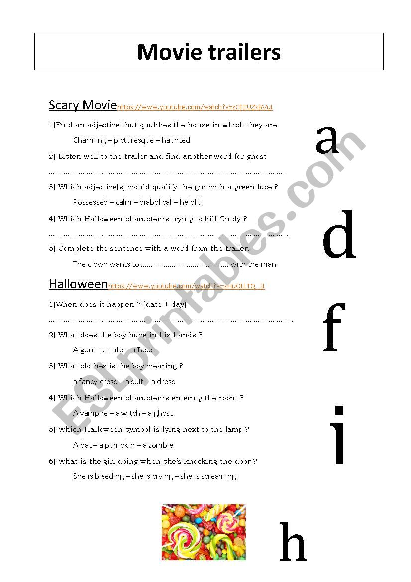 movie trailers on Halloween worksheet