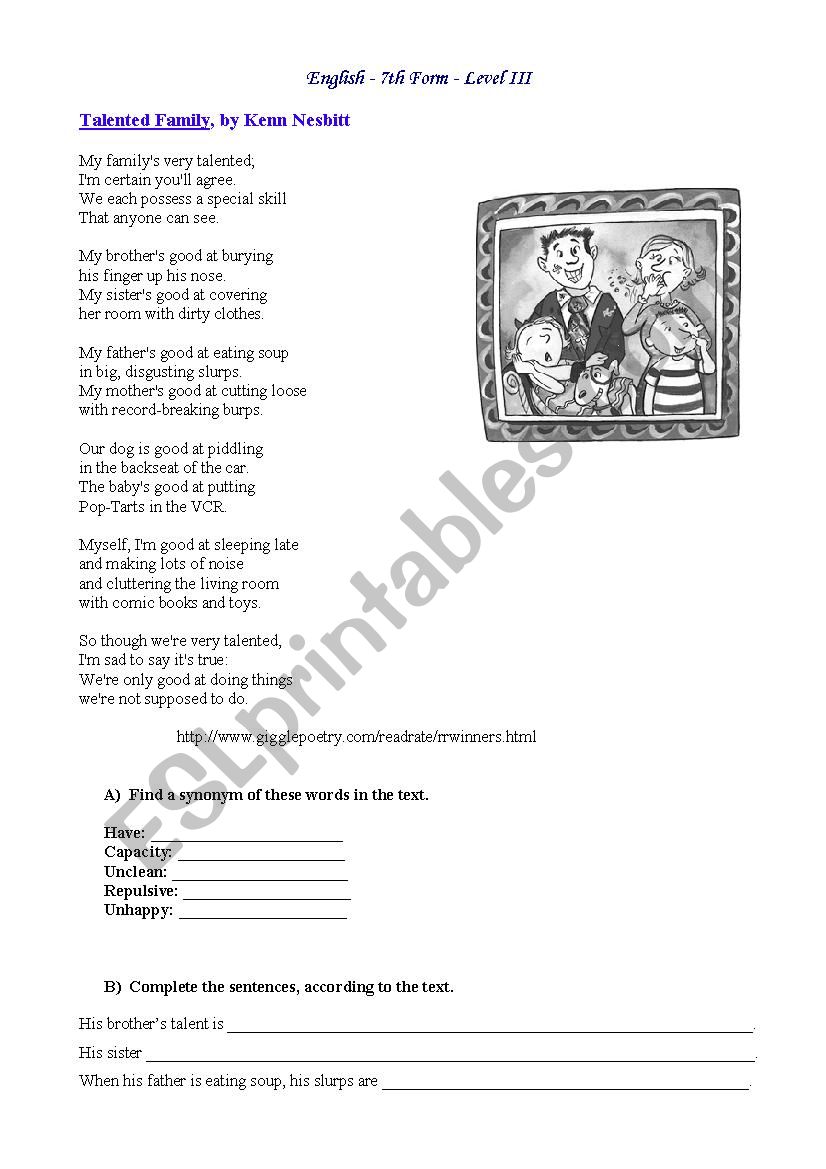 Talented family (poem) worksheet