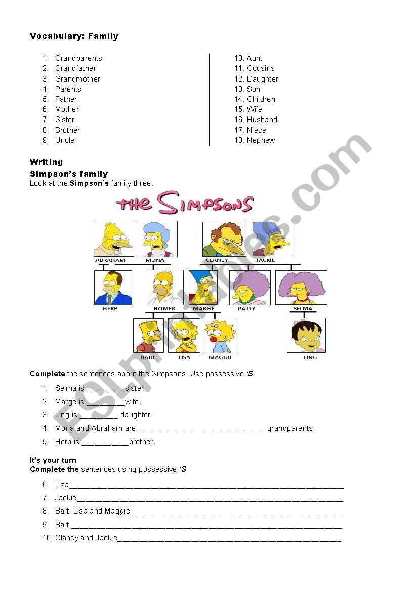 The Simpsons Family worksheet