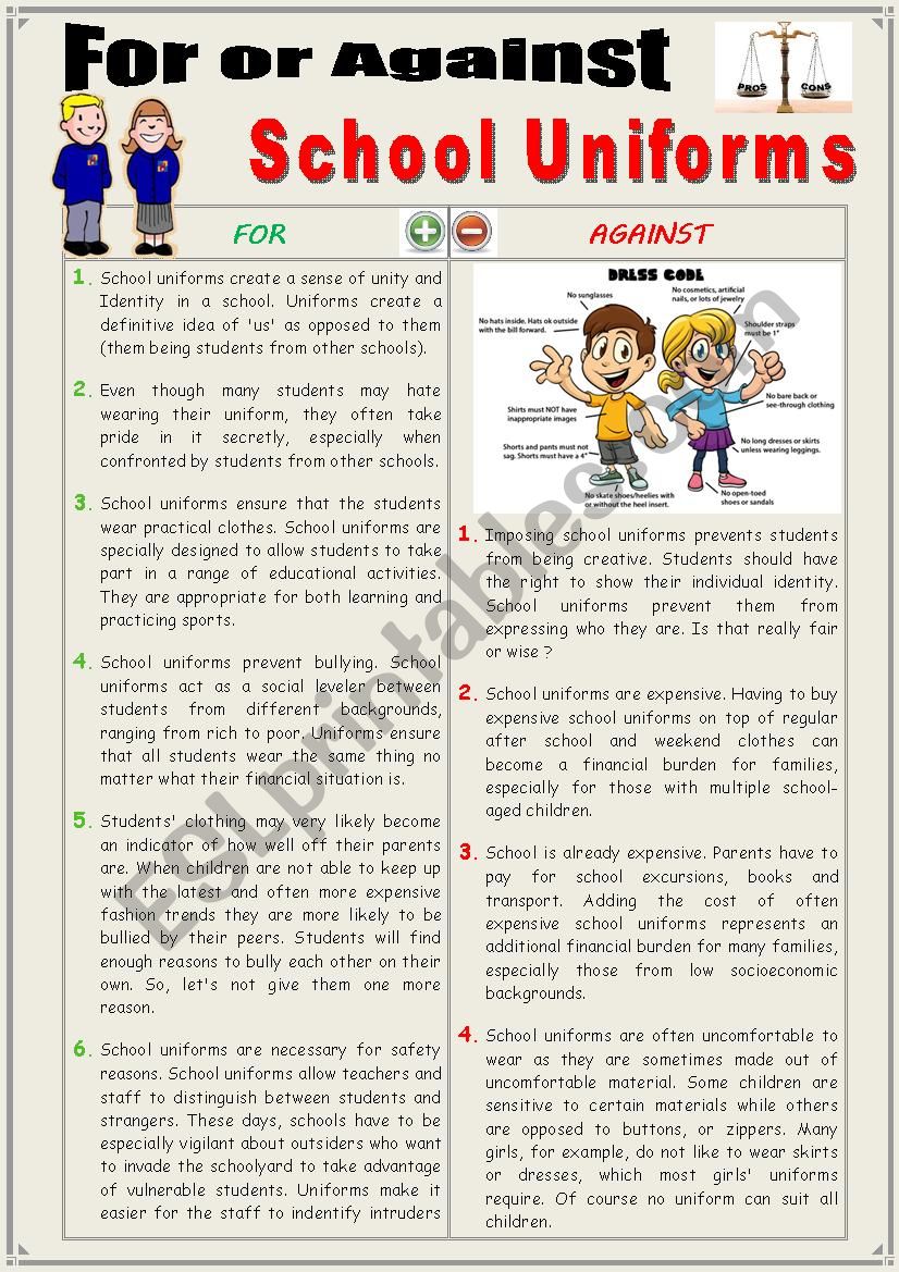 For or Against SCHOOL UNIFORMS. (Debating) - ESL worksheet by karagozian