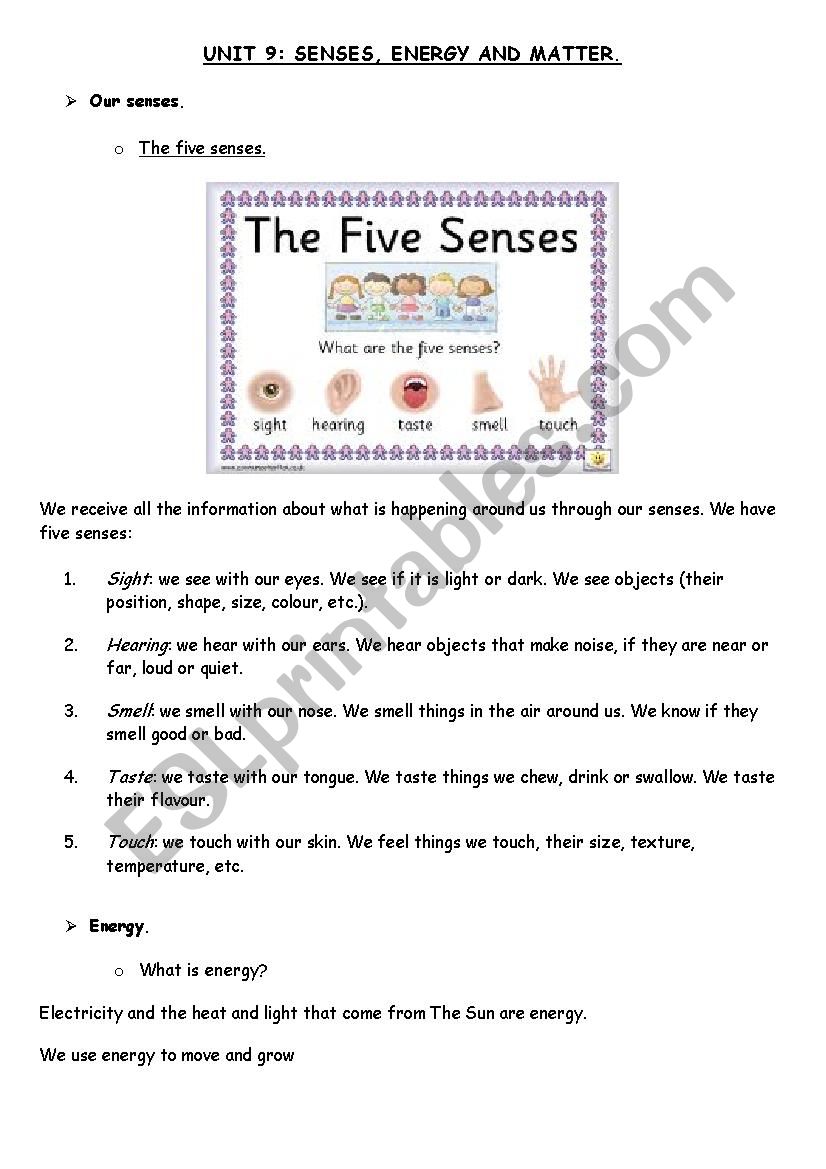 senses, energy and matter worksheet