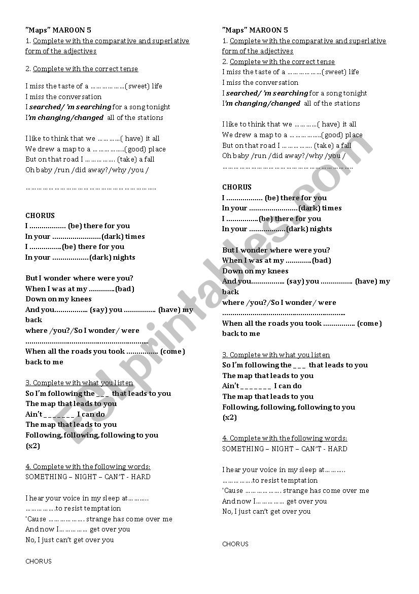 MAPS - MAROON FIVE worksheet