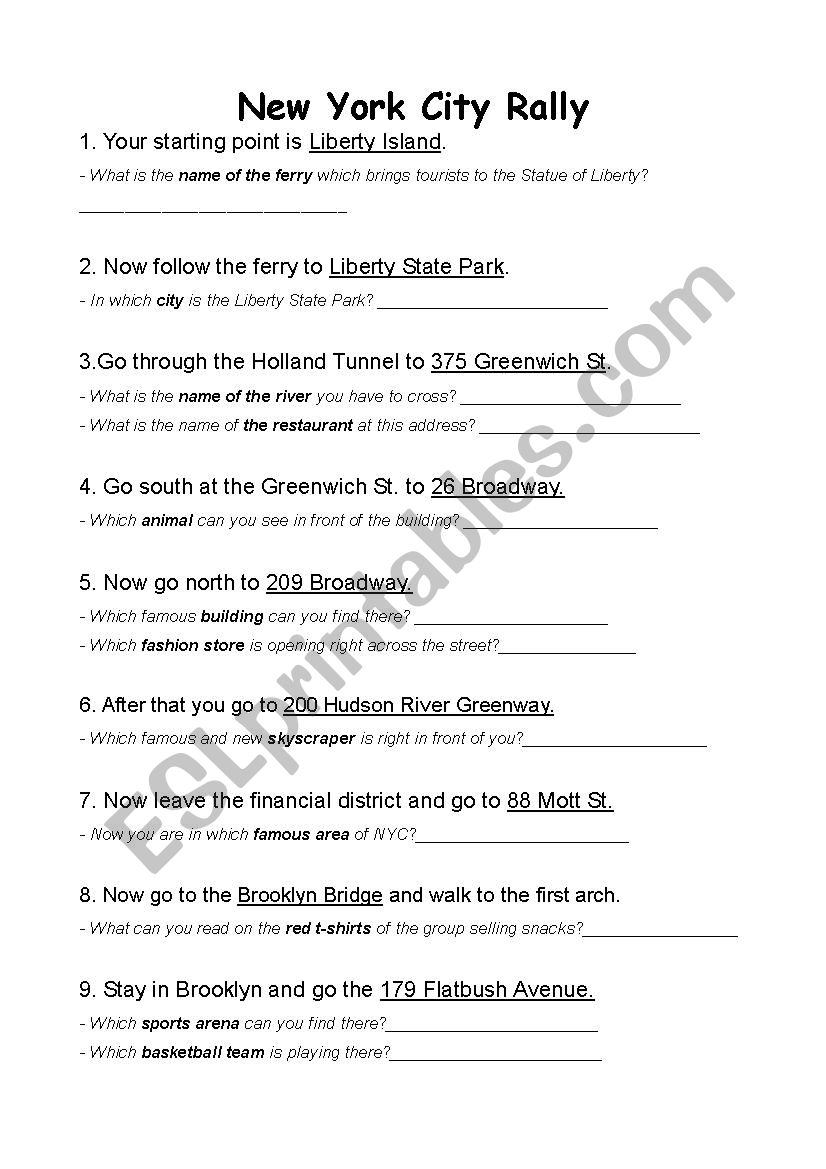 New York Streetview Ralley worksheet