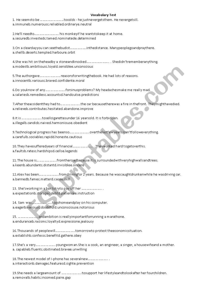 Vocabulary test 2 worksheet