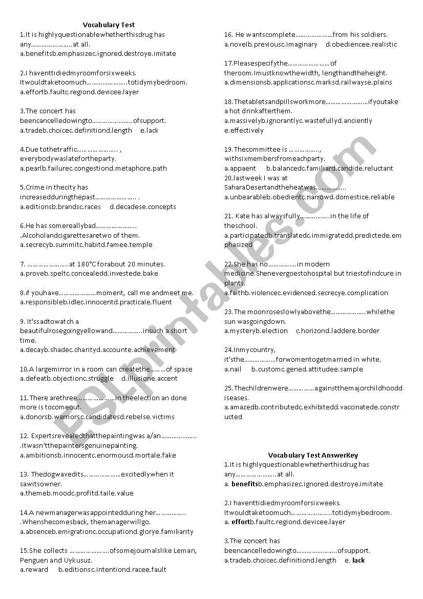 vocabulary test 3 worksheet