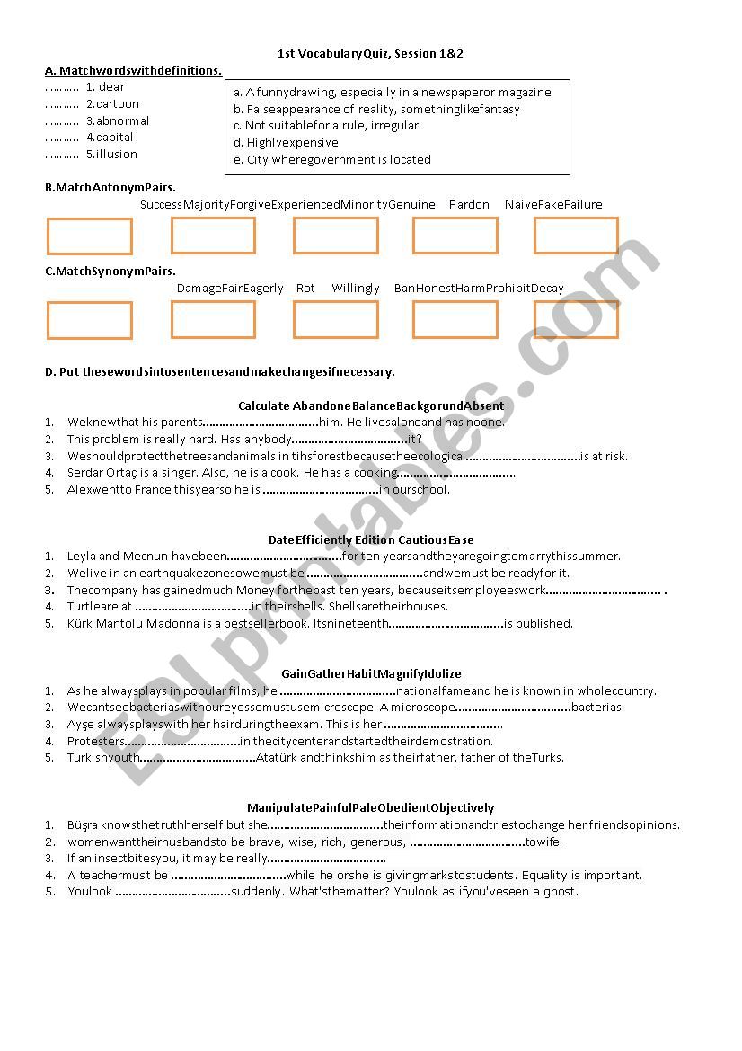 vocabulary quiz worksheet