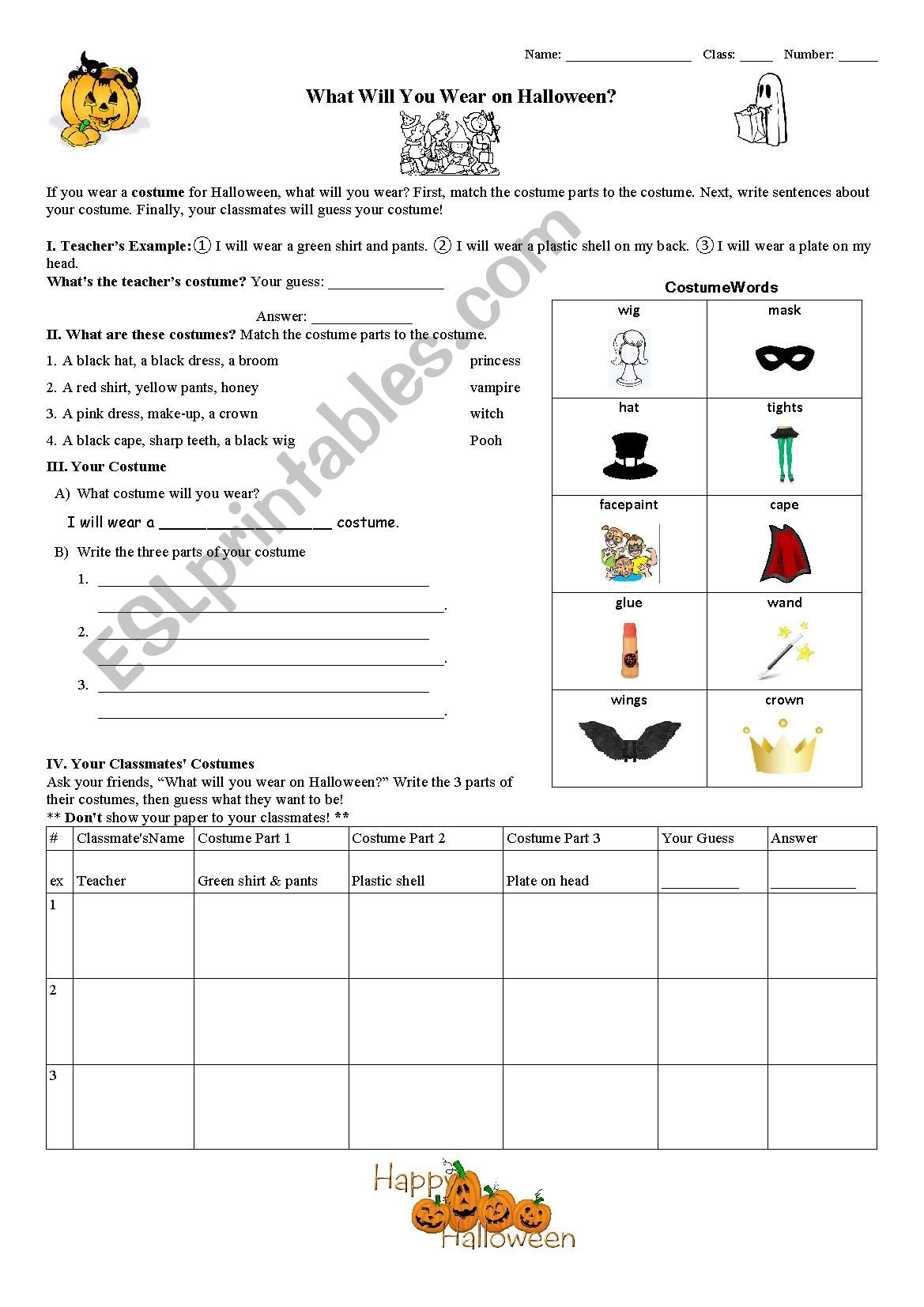 Costume Guessing worksheet