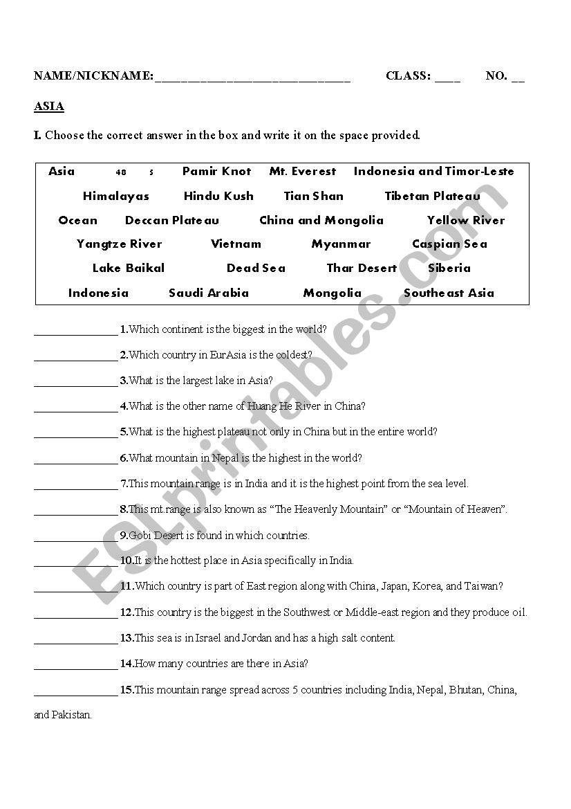 ASIA worksheet