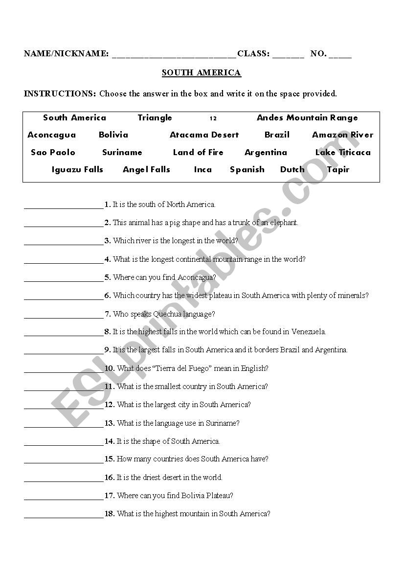 SOUTH AMERICA worksheet