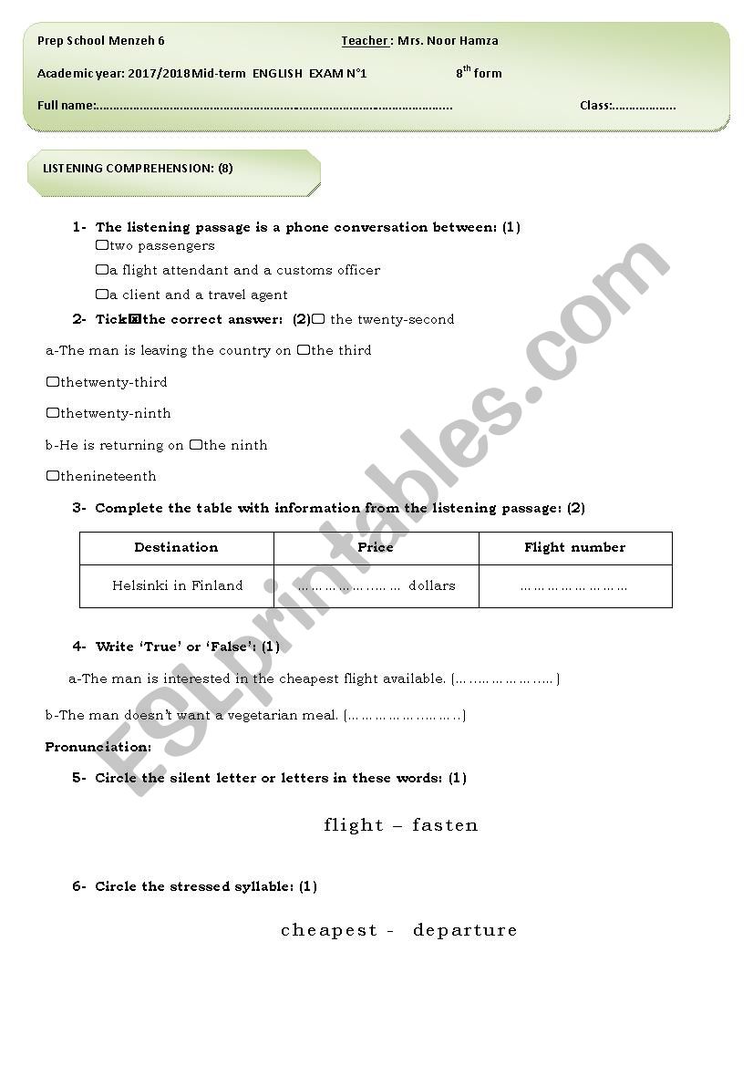 Mid term exam worksheet