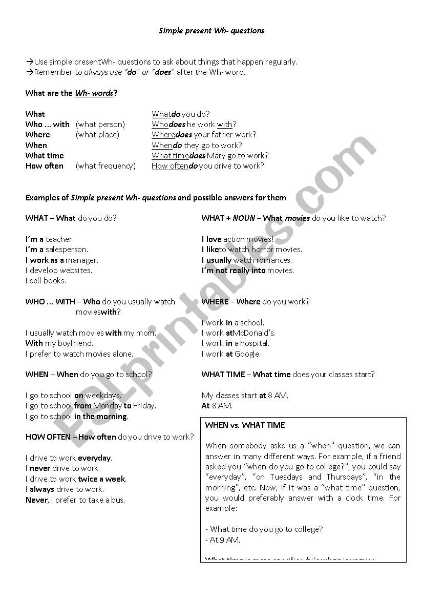 Simple Present Wh- questions worksheet