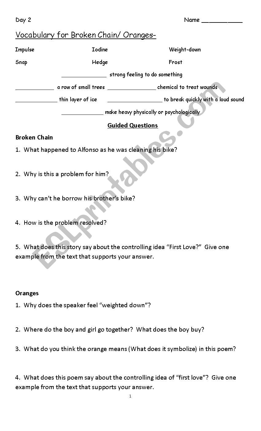 Oranges and Broken Chain worksheet