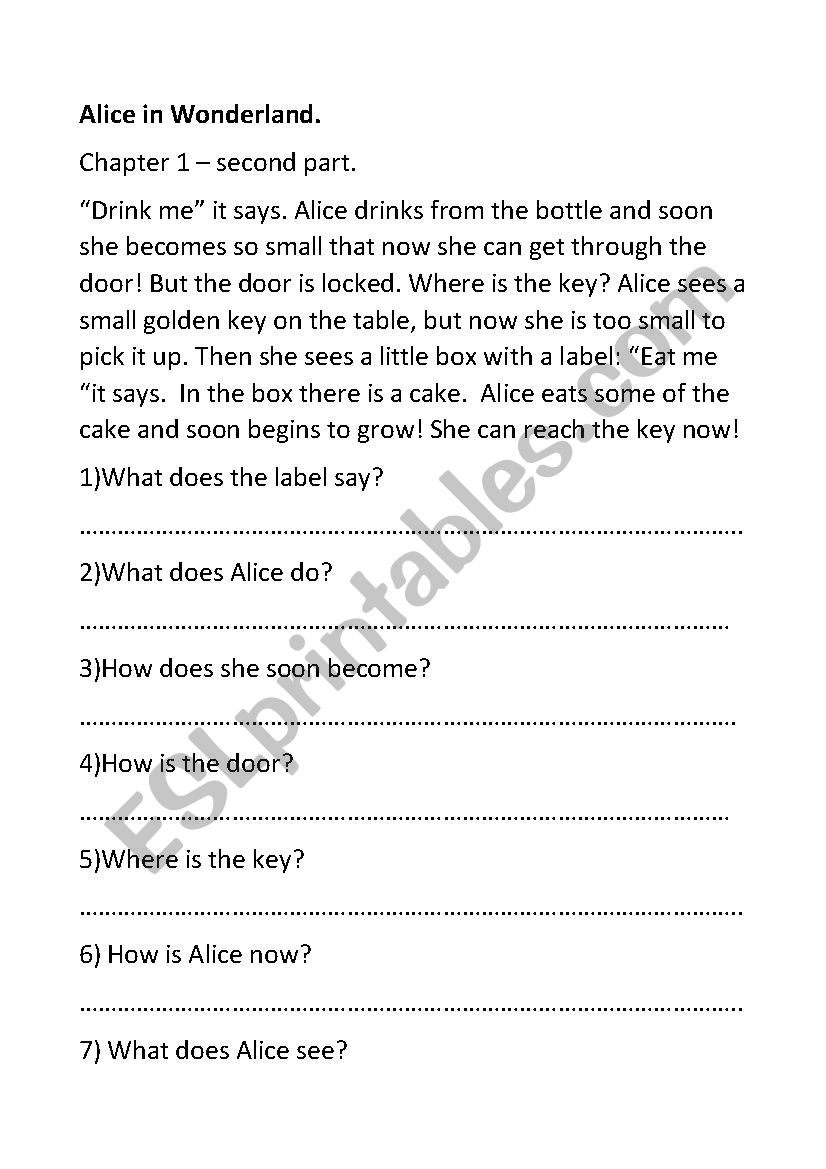 Alice in Wonderland - comprehension questions- chapter 1 - part 2 - ESL
