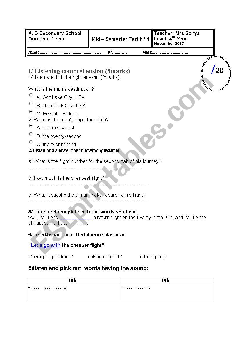 mid-semester test worksheet