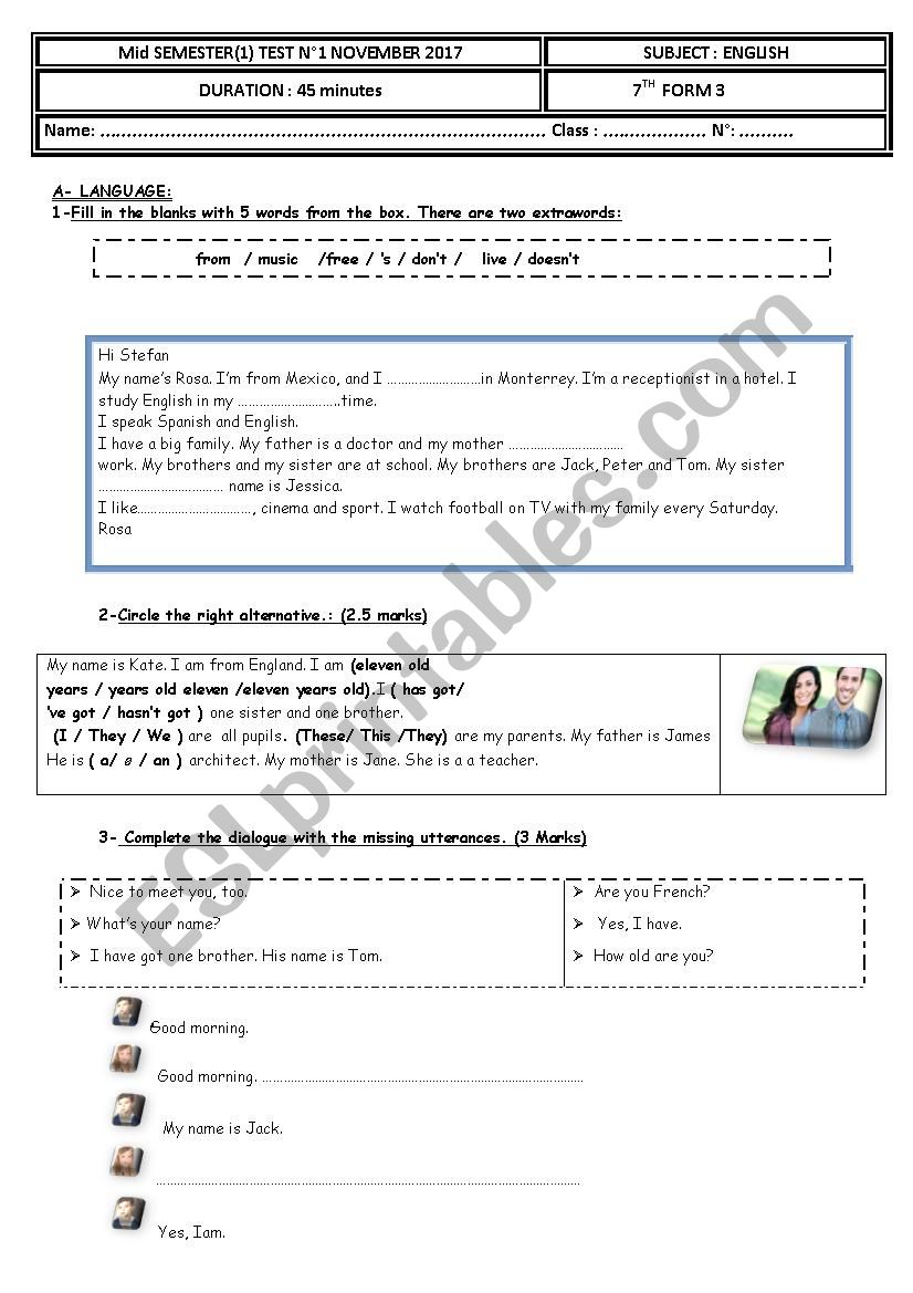 TEST N1 SEMESTER 1 (language)