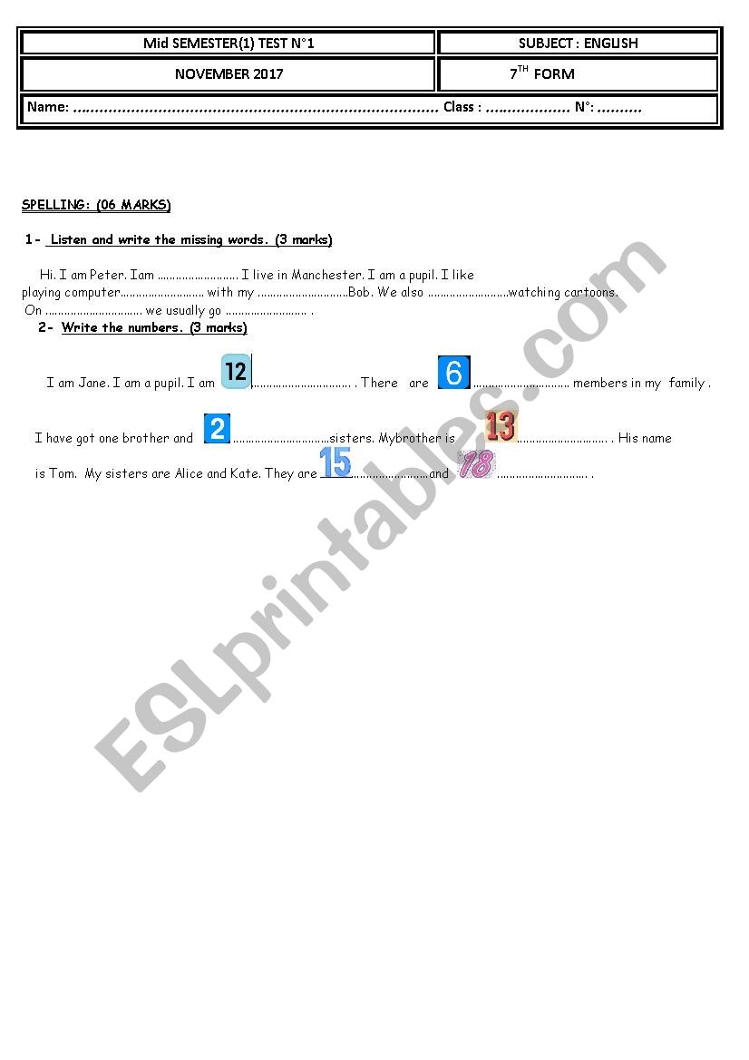 TEST 1 SEMESTER 1 (spelling) worksheet