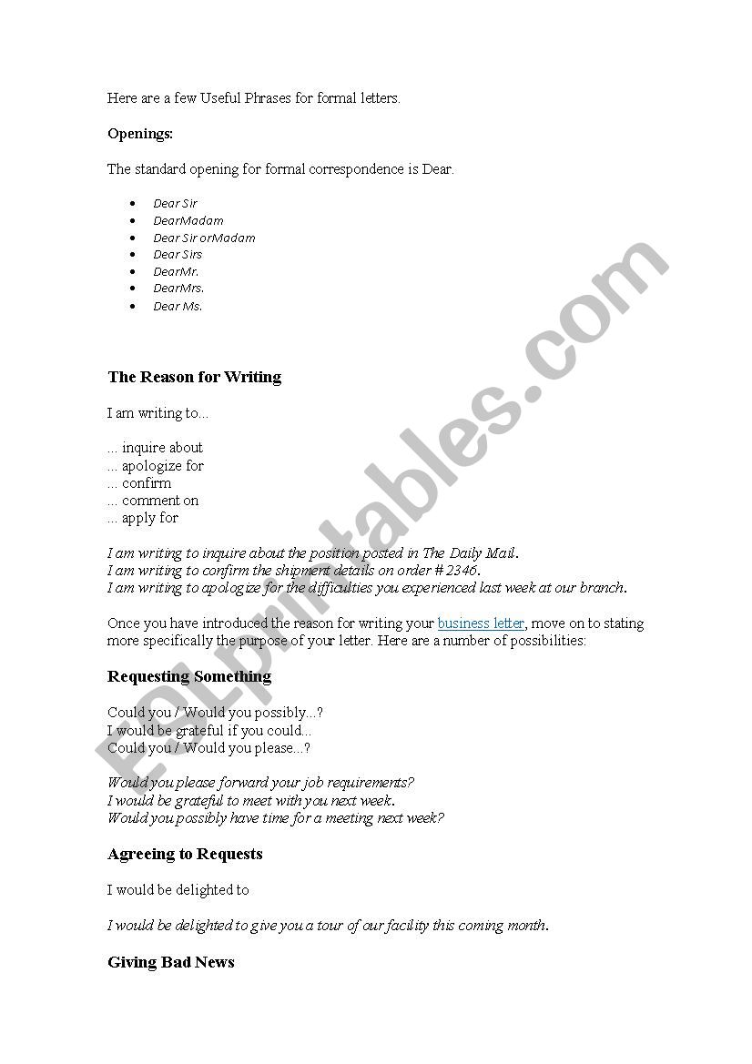 Formal Business Letters worksheet
