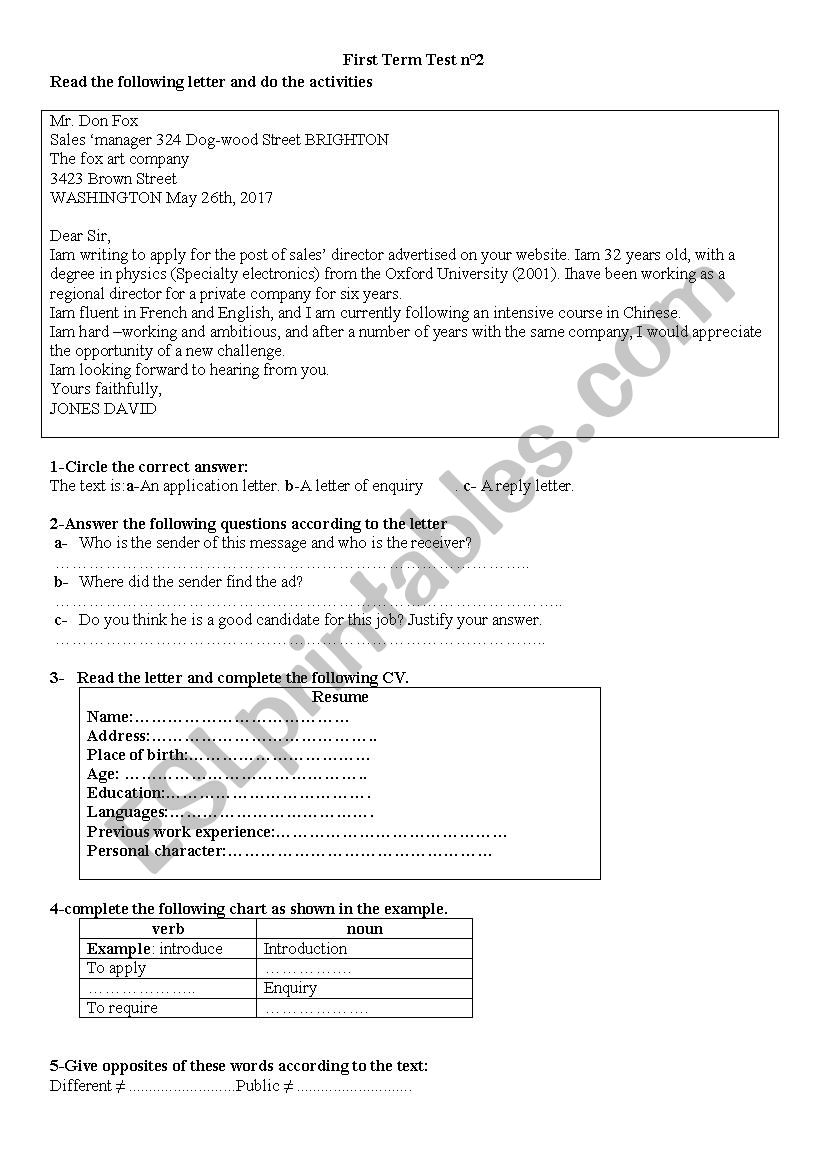 the first term test worksheet