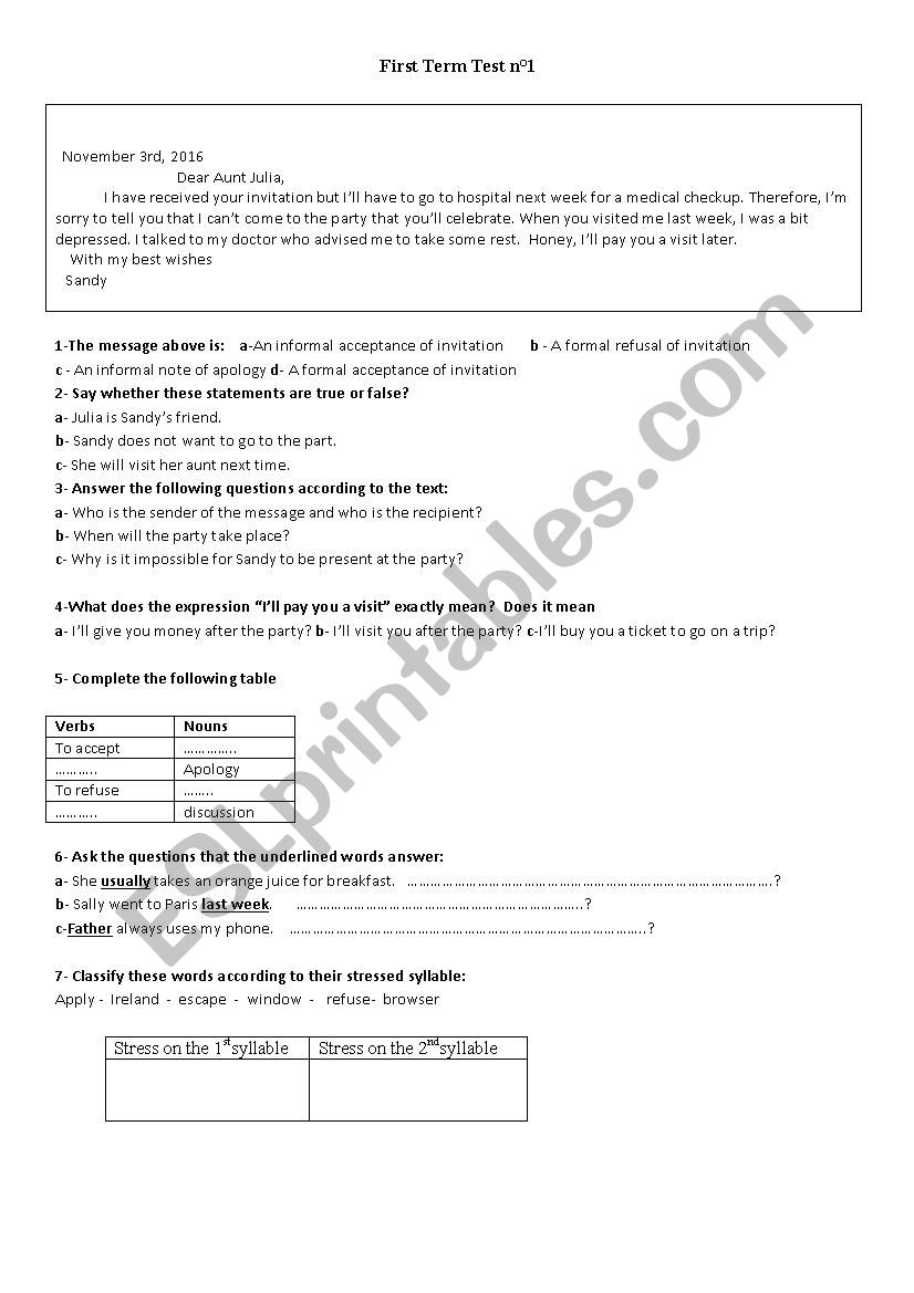 first term test worksheet