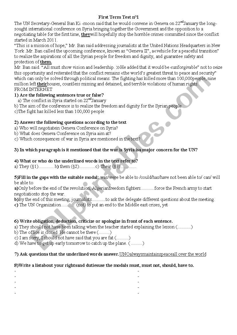 first term test worksheet