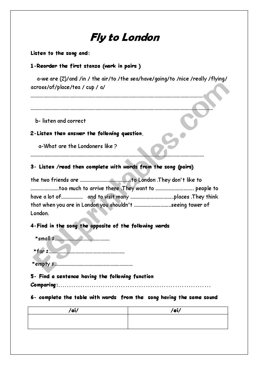 fly to London  worksheet