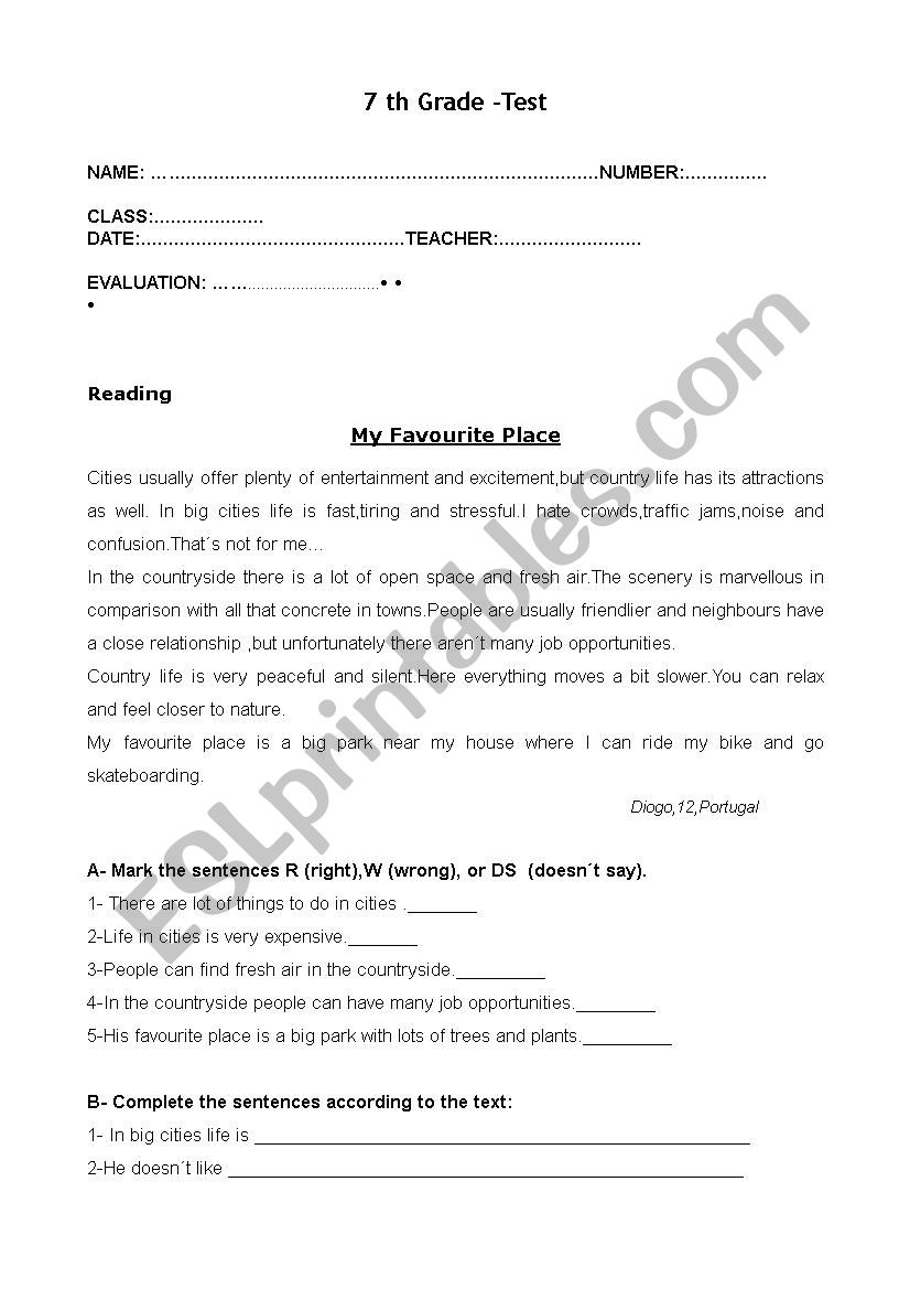 7th Grade- Written Test worksheet