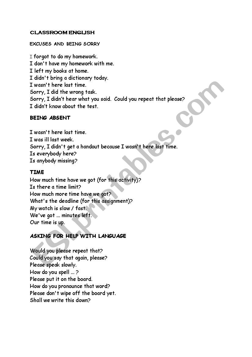 classroom language worksheet