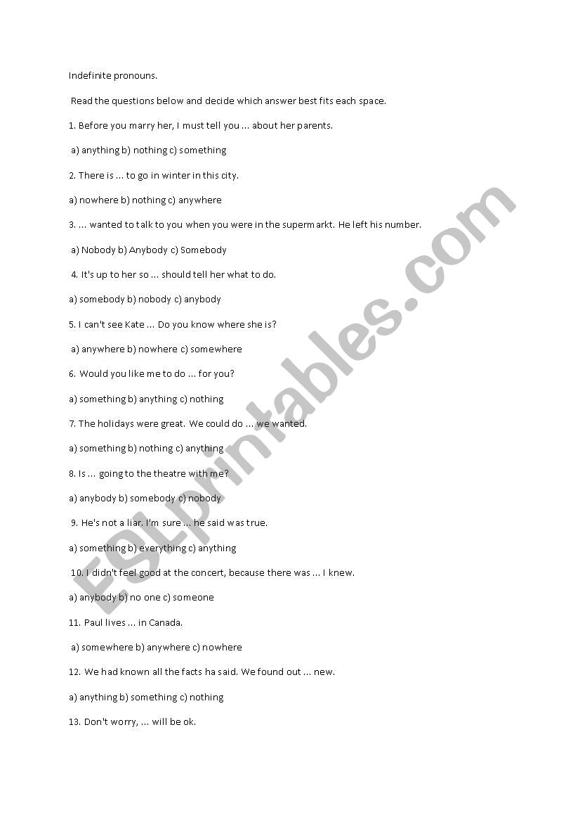 indefinite pronouns worksheet