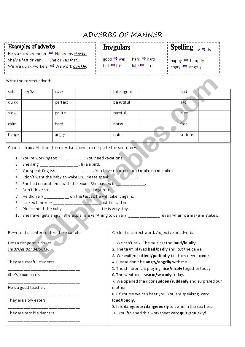 ADVERBS OF MANNER worksheet