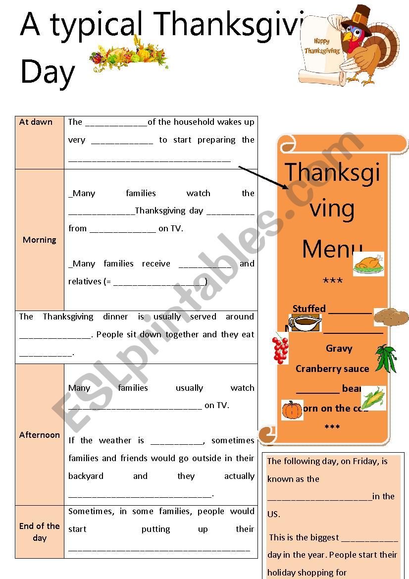 A typical thanksgiving day worksheet
