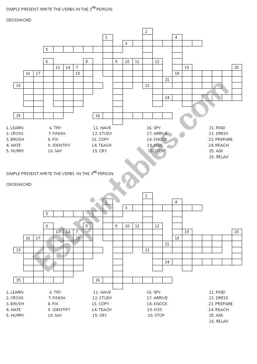 SIMPLE PRESENT - CROSSWORD worksheet