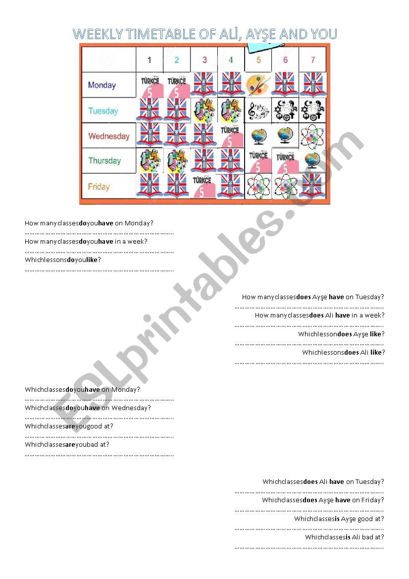 lessons days and timetable worksheet