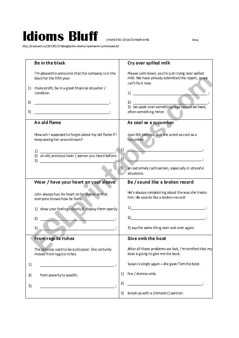 Idioms Bluff worksheet