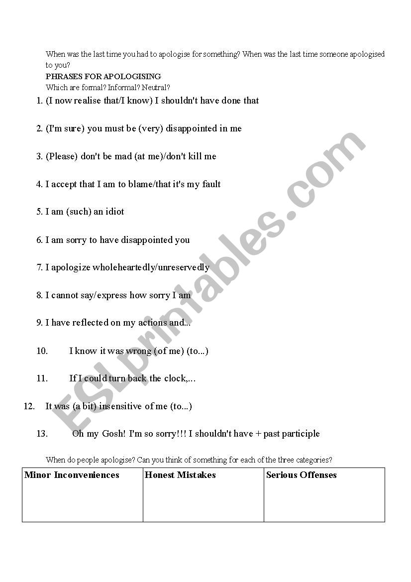 Apologies - Role Plays  worksheet