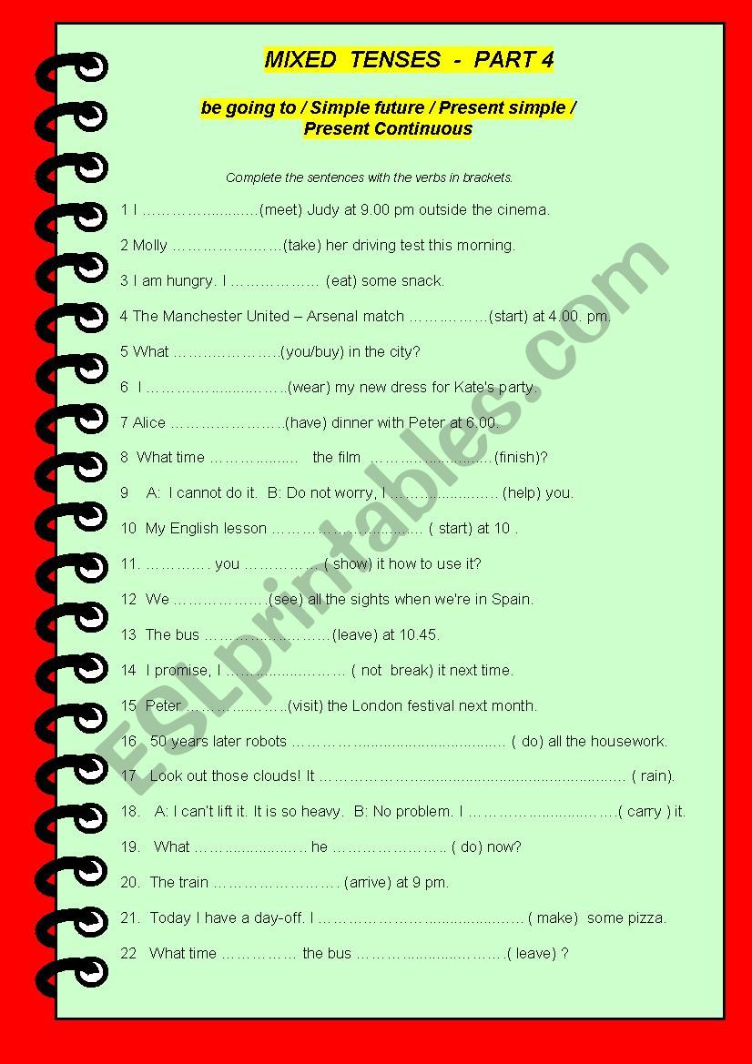 Mixed tenses - part 4 - future tenses with key