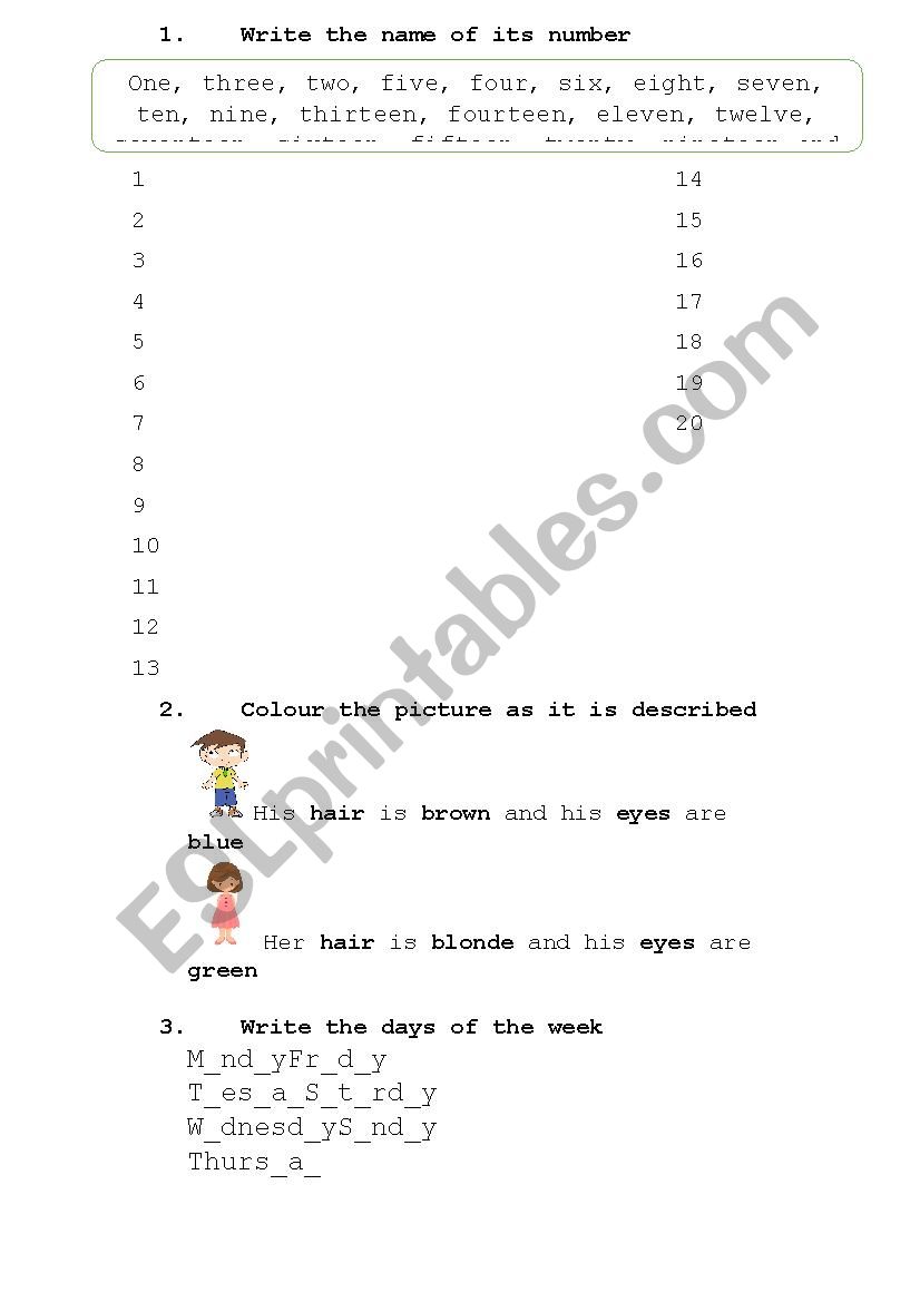 NUMBERS FAMILY AND DAYS OF THE WEEK WORKSHEET