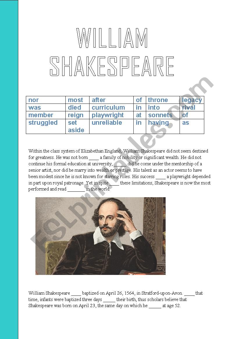 WILLIAM SHAKESPEARE READING PASSAGE VOCABULARY PREPOSITION GRAMMAR GAP FILLING