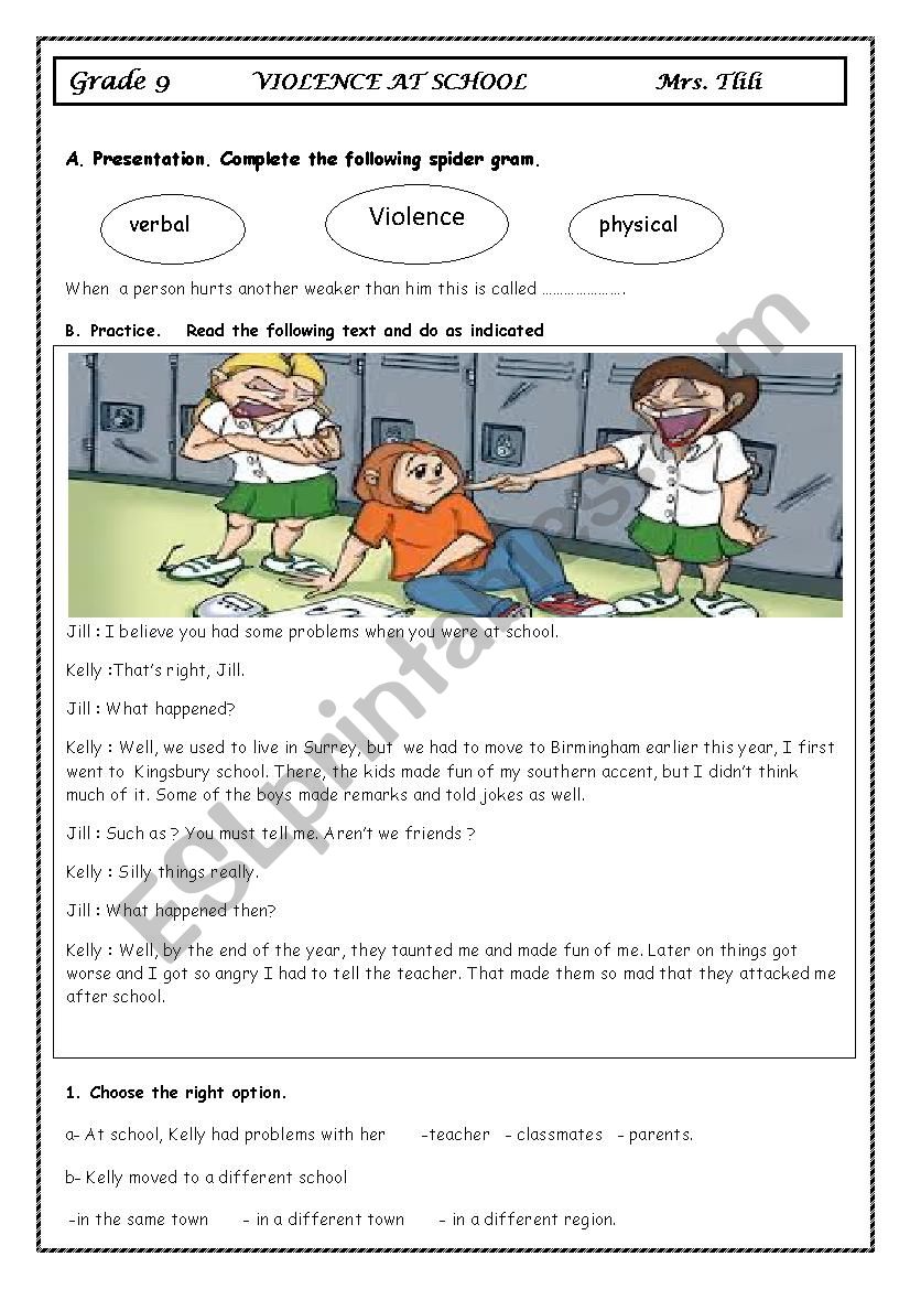 violence at school worksheet
