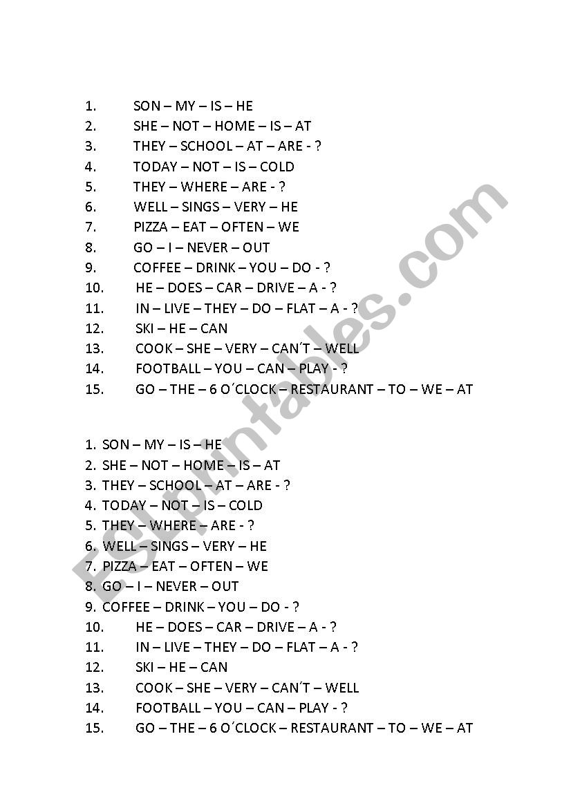 Word order worksheet