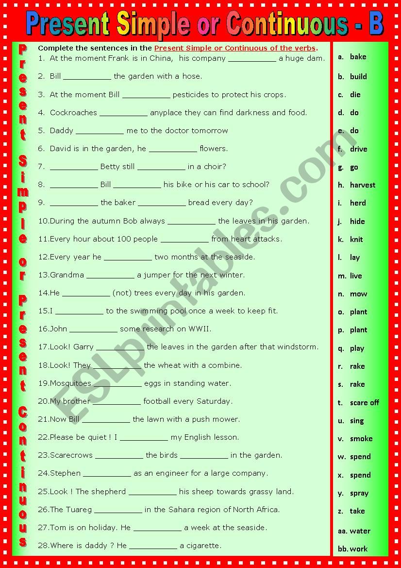 Present Simple or Present Continuous - B  Advanced version + key