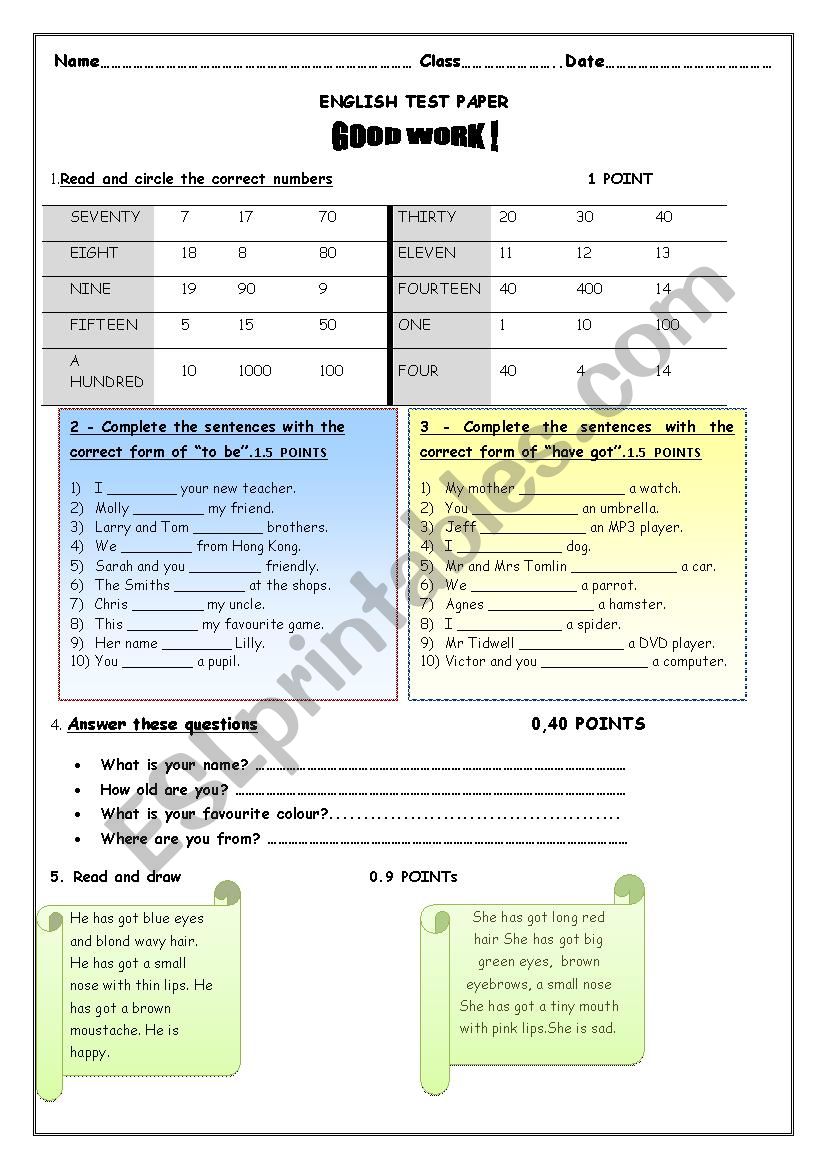 Test paper fourth grade  worksheet