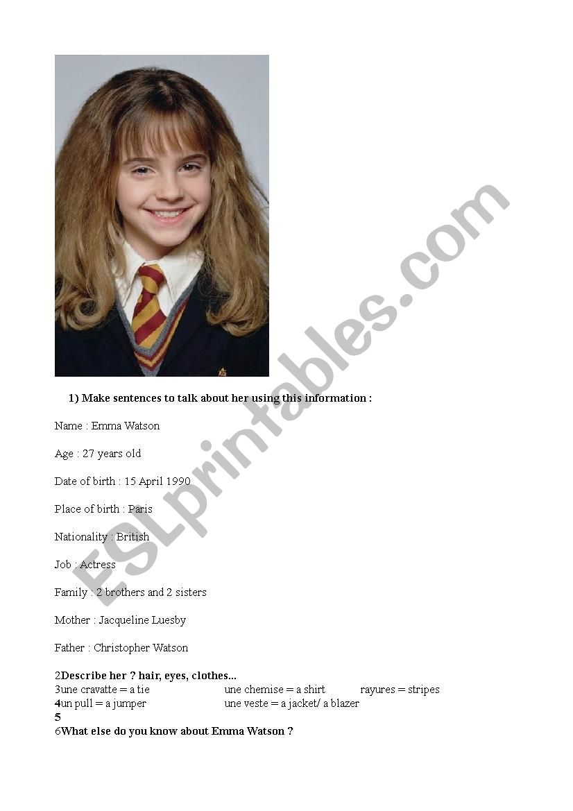 Emma Watson description worksheet