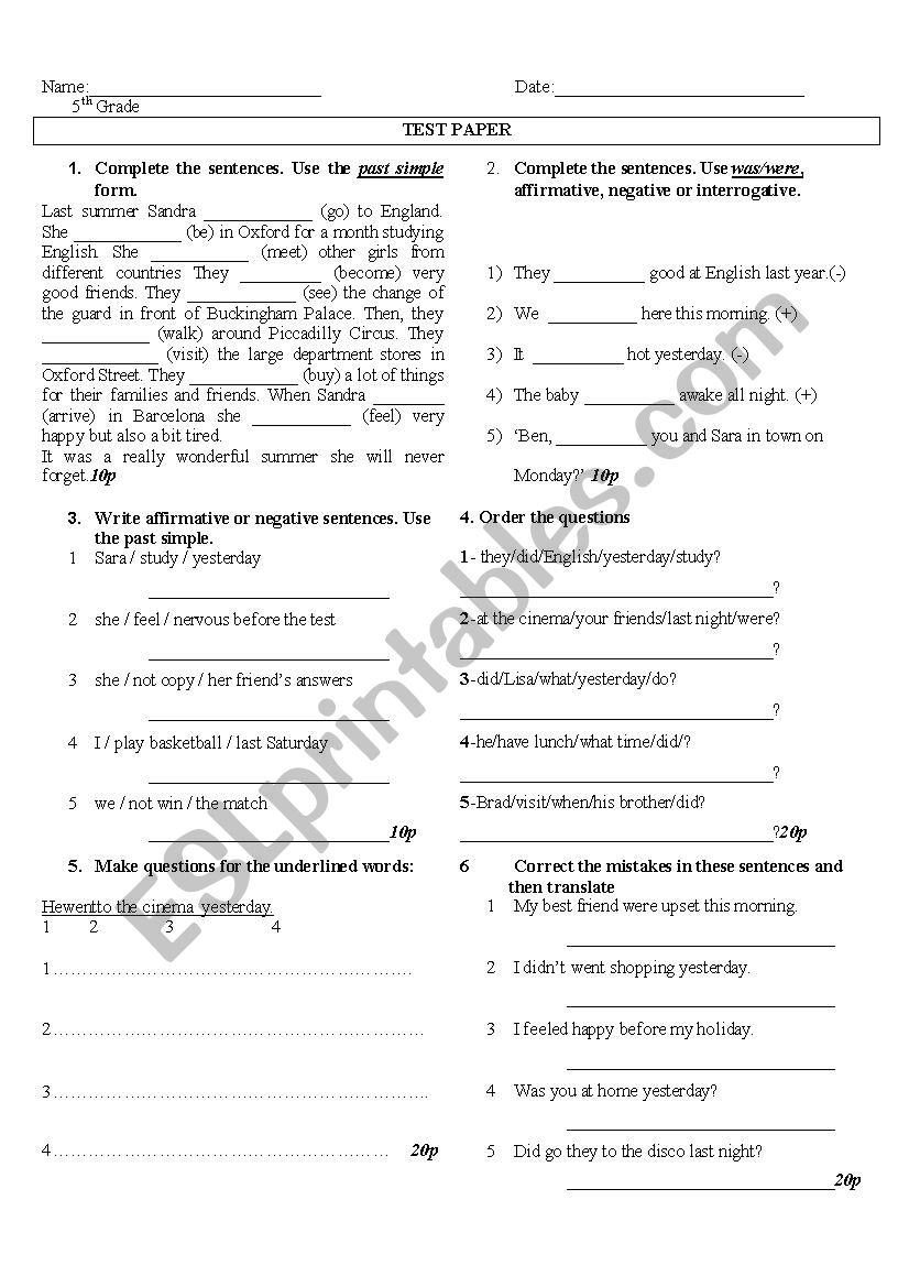 Test paper worksheet