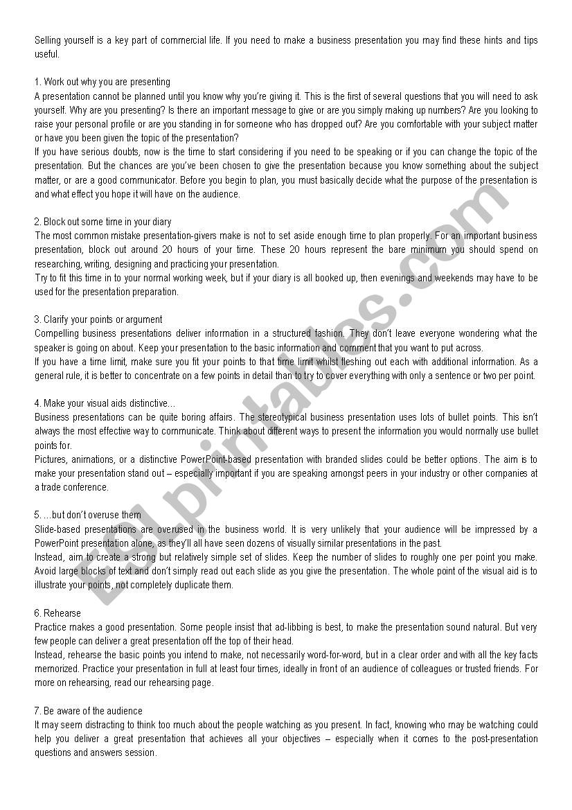 Business Tips presentations worksheet