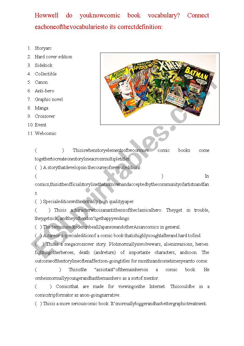 comic book vocabulary worksheet