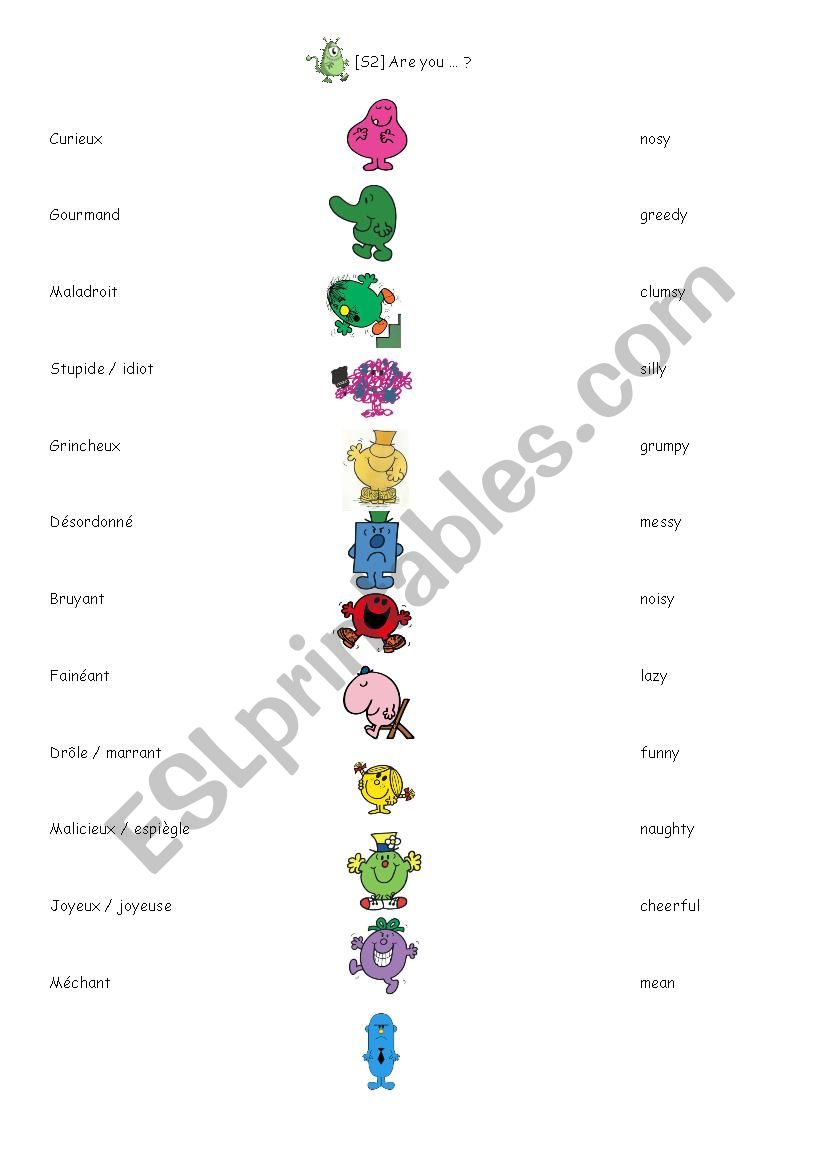 Mr Men personality adjectives worksheet