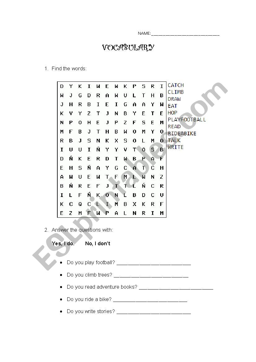 Action verbs worksheet