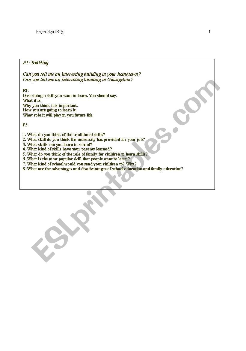 IELTS speaking cards worksheet