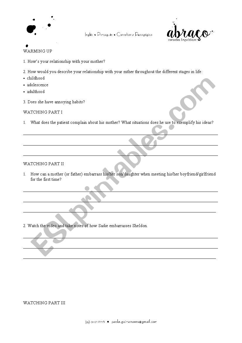 Aedipus Wreck: mothers worksheet